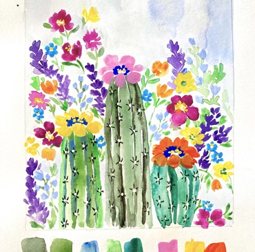 Cactus and Wildflower Garden Watercolor Painting